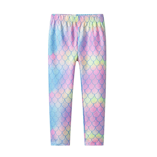 Calça Legging Infantil Escama de Sereia Rosa Amarelo Azul