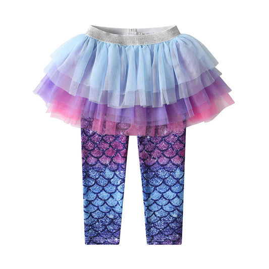 Calça Infantil Legging Escama de Sereia com Saia Tutu Degradê Azul Roxo Rosa 