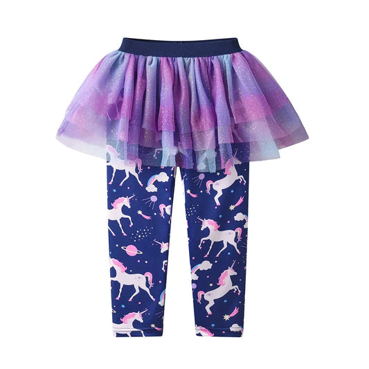 Calça Infantil Legging Unicórnios com Saia Tutu Brilhante Degradê Azul Roxo 