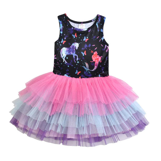 Vestido Infantil Preto Borboleta Unicórnio Sereia com Tutu Degradê Rosa Roxo