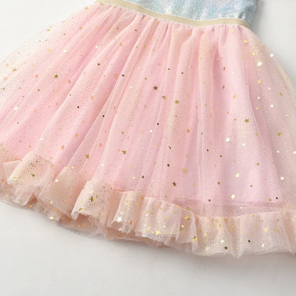 Vestido Infantil Manga Curta Estampa Brilhante Tons Pastéis Saia Rosa com Estrelas