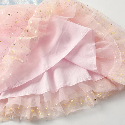 Vestido Infantil Manga Curta Estampa Brilhante Tons Pastéis Saia Rosa com Estrelas