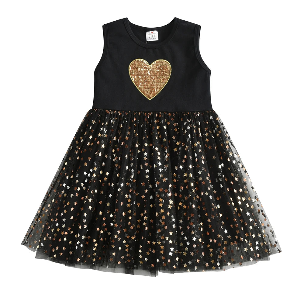 Vestido Halloween Infantil Preto Coração Lantejoula Dourado Saia Tule Brilhante