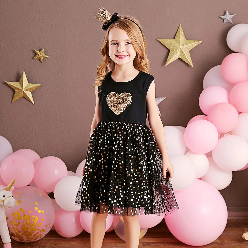 Vestido Halloween Infantil Preto Coração Lantejoula Dourado Saia Tule Brilhante