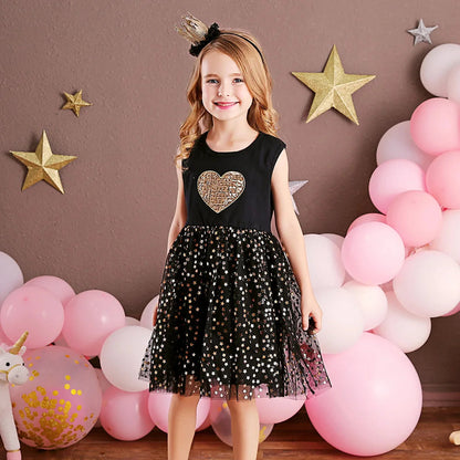 Vestido Halloween Infantil Preto Coração Lantejoula Dourado Saia Tule Brilhante