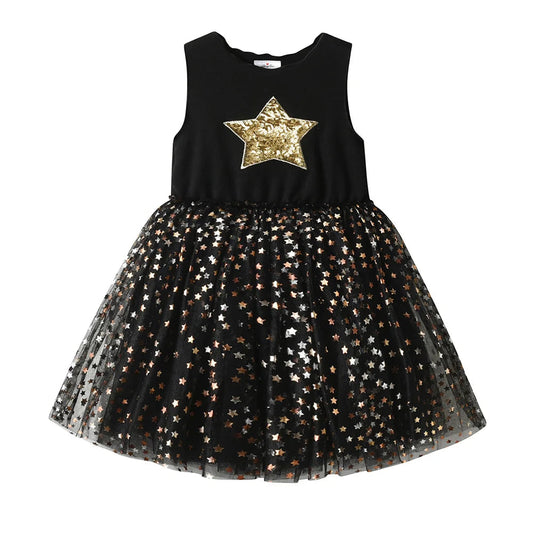 Vestido Halloween Infantil Preto Estrela De Lantejoula Dourado Saia Tule Brilhante