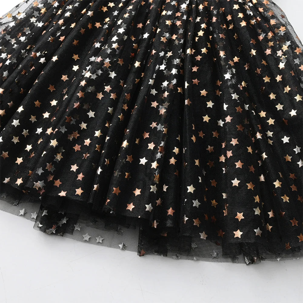 Vestido Halloween Infantil Preto Estrela De Lantejoula Dourado Saia Tule Brilhante