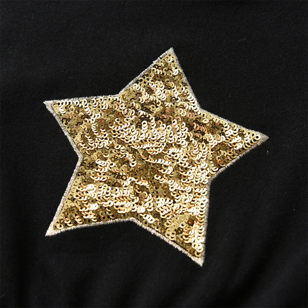 Vestido Halloween Infantil Preto Estrela De Lantejoula Dourado Saia Tule Brilhante