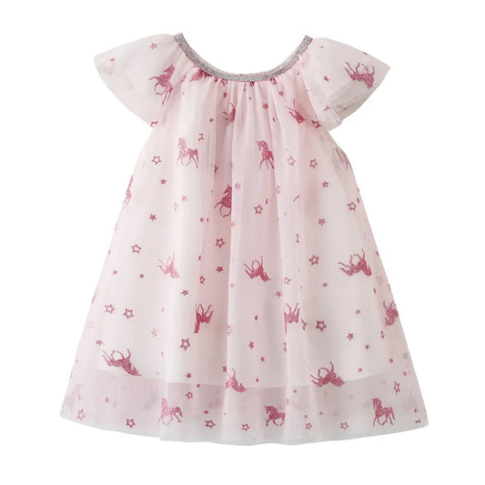 Vestido Infantil Tule Branco Estampado Glitter Unicórnio Rosa