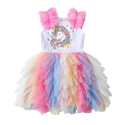 Vestido Infantil Manga Curta Colorido Unicórnio Tule Heloísa