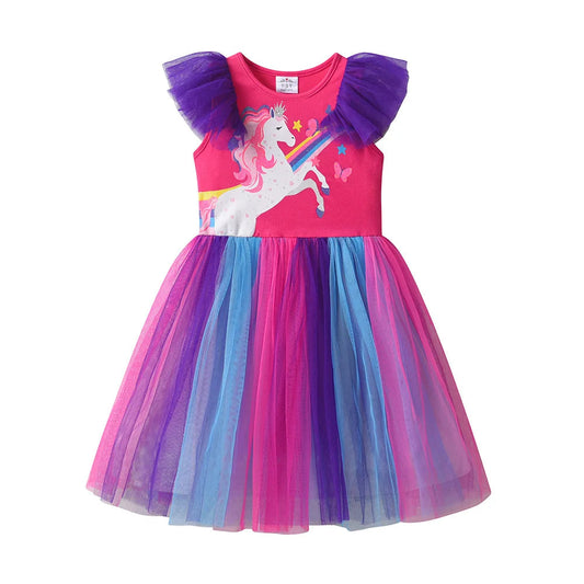 Vestido Infantil Manga Curta Vermelho Unicórnio Saia Pink Azul Micaella