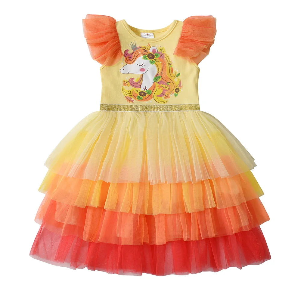 Vestido Infantil Manga Curta Amarelo Laranja Vermelho Saia Tule Unicórnio Nanda