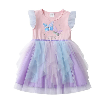 Vestido Infantil Manga Curta Yasmin Borboleta Bordada Saia Tule Azul Branco Lavanda