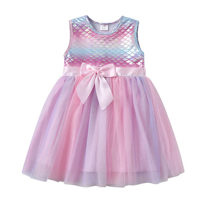 Vestido Infantil Manga Curta Escama de Sereia Brilhante Degradê Roxo Rosa Azul Claro Com Saia Tule com Laço