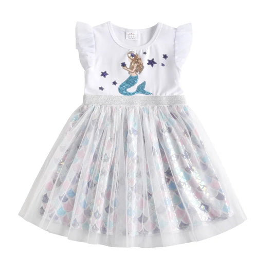 Vestido Infantil Manga Curta Branco com Sereia Bordada Lantejoula Saia de Tule