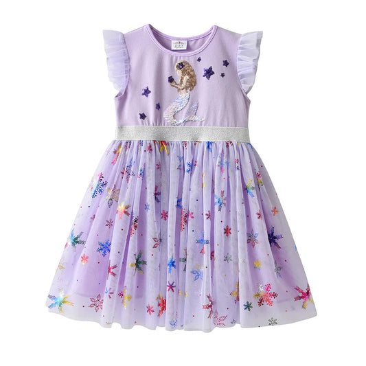 Vestido Infantil Manga Curta Lavanda com Sereia Bordada Saia de Tule com Estrelas 