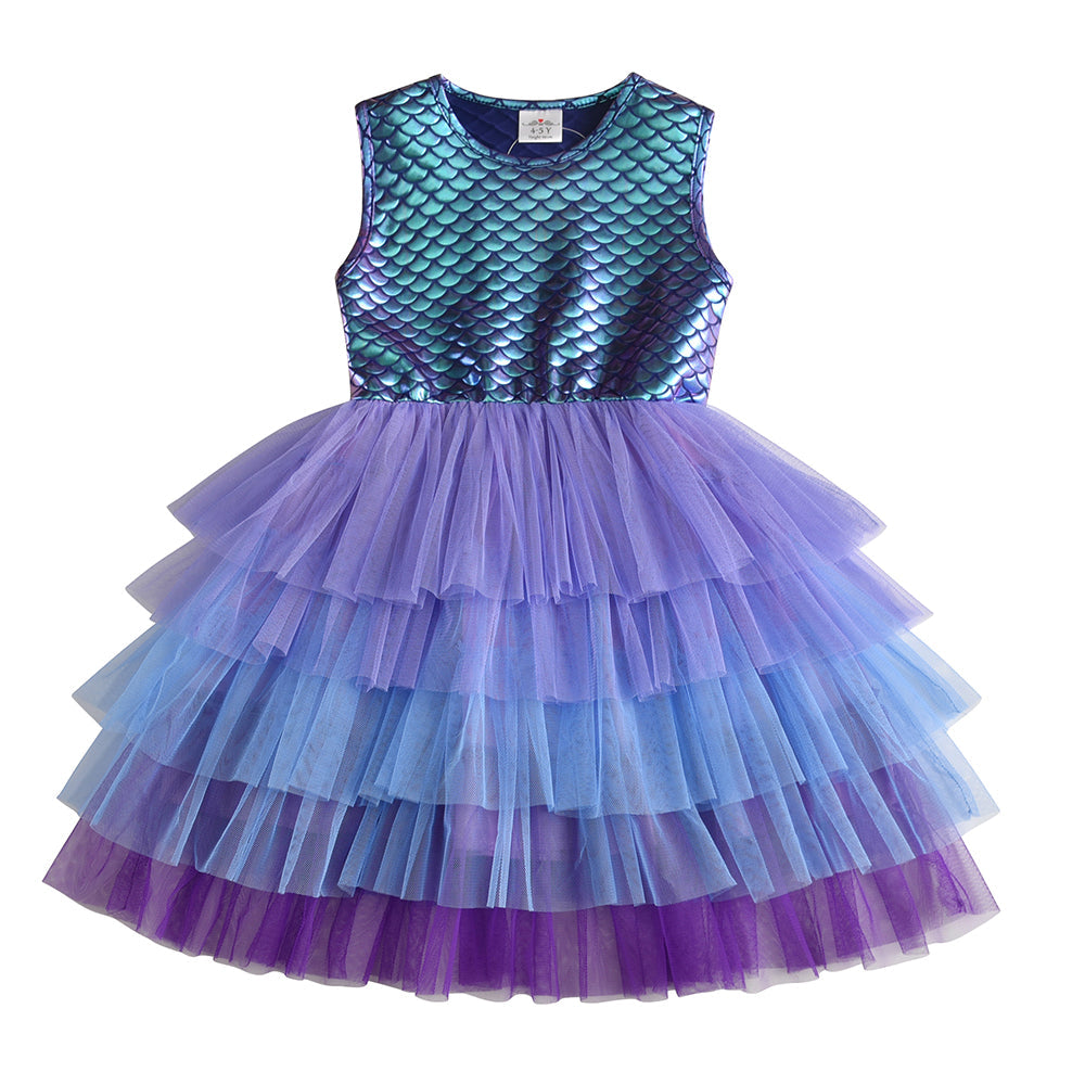 Vestido Infantil Manga Curta Estampado Escama Sereia Azul Índigo Brilhante com Tutu