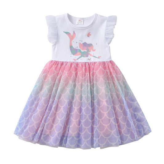 Vestido Infantil Manga Curta Branco Sereia Saia Tule com Brilho