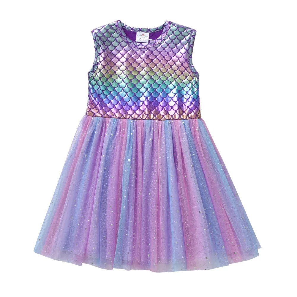 Vestido Infantil Escama de Sereia Brilhante Degradê Roxo com Tutu