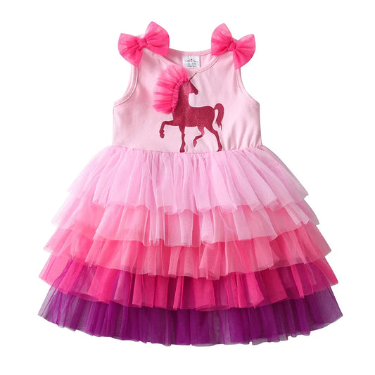 Vestido Infantil Regata Pink Verão Unicórnio Saia Tule Rosa Roxo