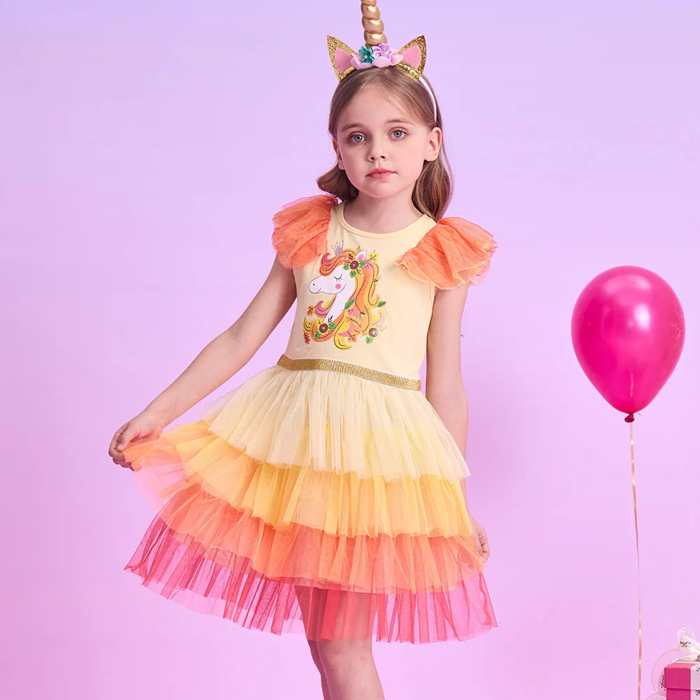 Vestido Infantil Manga Curta Amarelo Laranja Vermelho Saia Tule Unicórnio Nanda