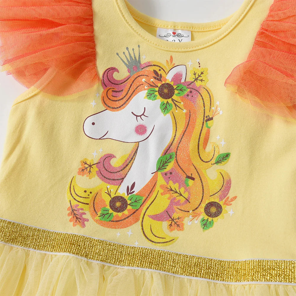 Vestido Infantil Manga Curta Amarelo Laranja Vermelho Saia Tule Unicórnio Nanda