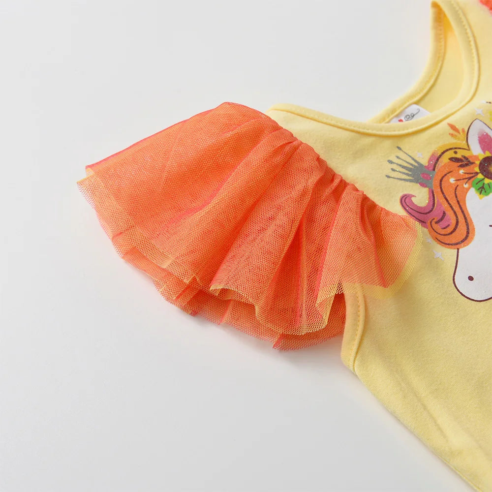 Vestido Infantil Manga Curta Amarelo Laranja Vermelho Saia Tule Unicórnio Nanda