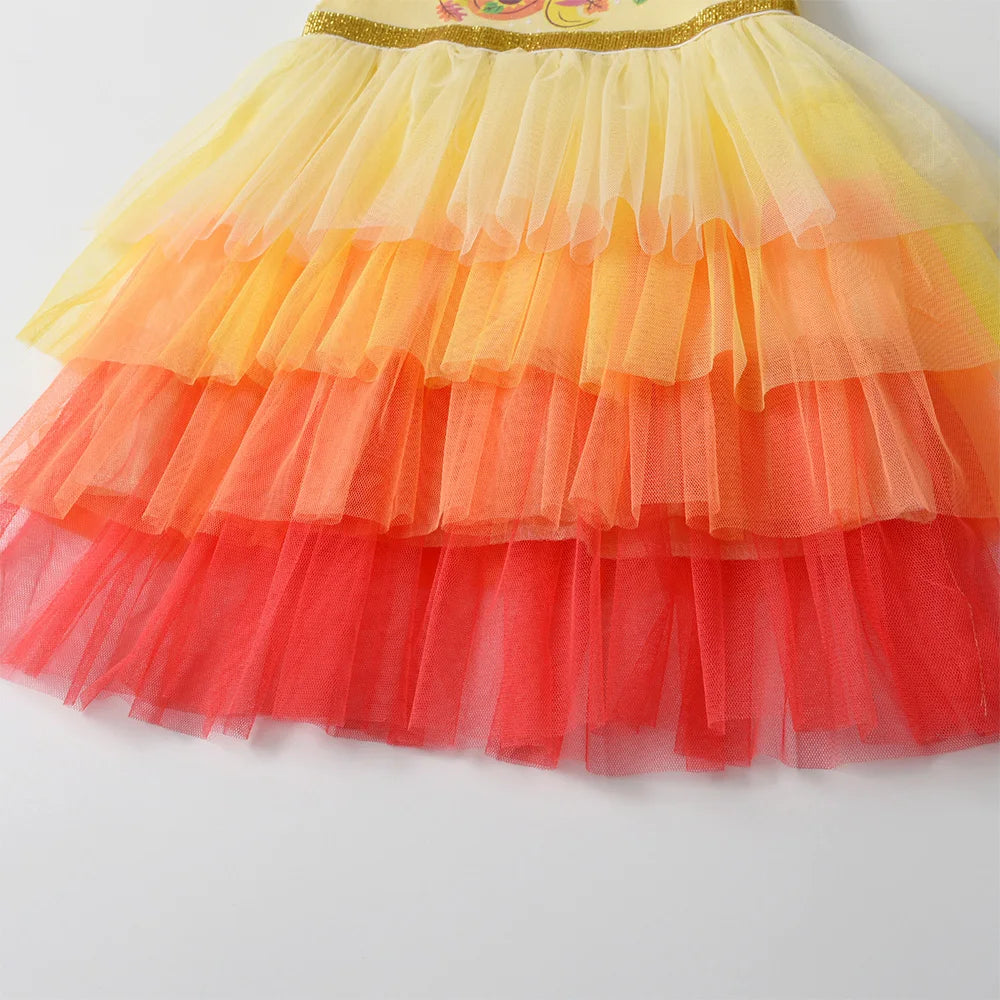 Vestido Infantil Manga Curta Amarelo Laranja Vermelho Saia Tule Unicórnio Nanda