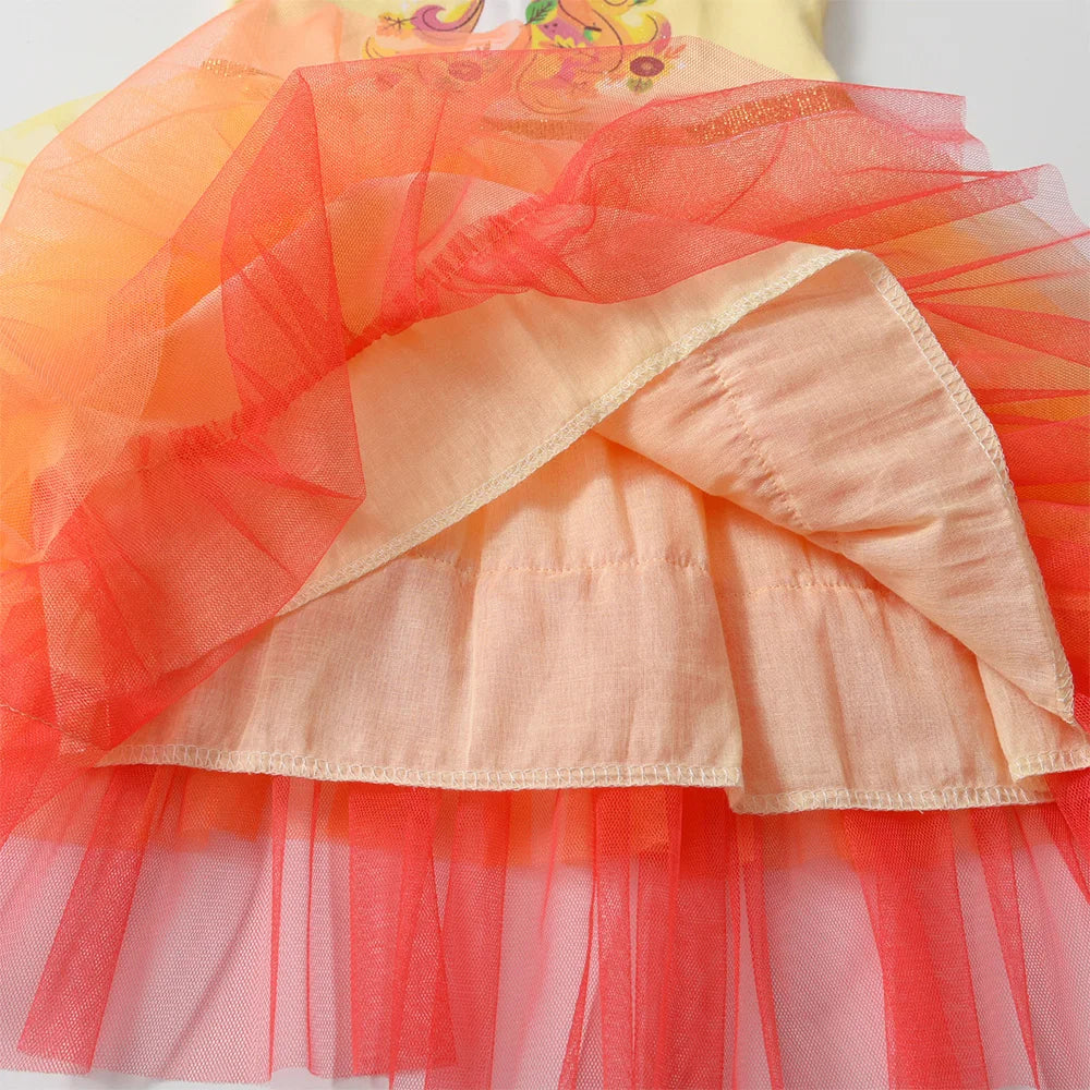 Vestido Infantil Manga Curta Amarelo Laranja Vermelho Saia Tule Unicórnio Nanda