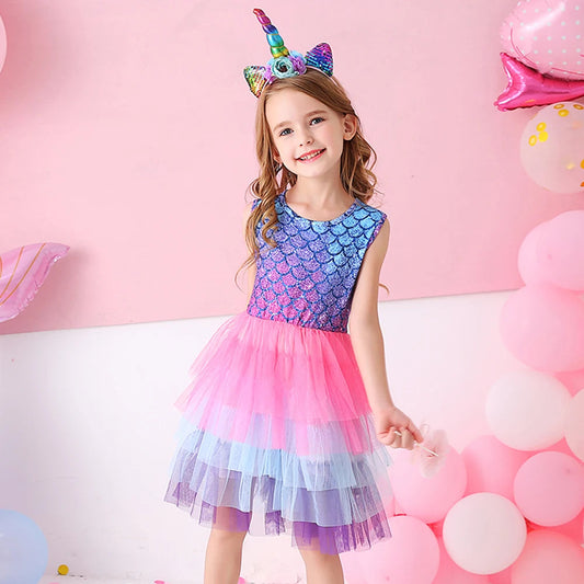 Vestido Manga Alça Infantil Sereia Azul e Rosa