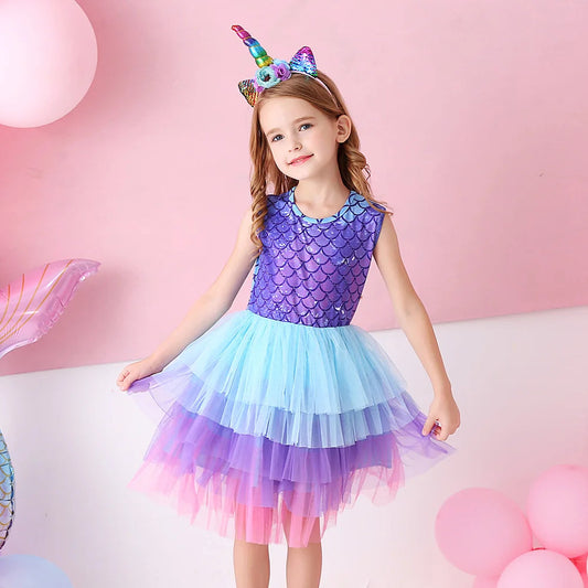 Vestido Infantil Escama de Sereia Azul Brilhante com Tutu Degradê Azul Claro Roxo Rosa