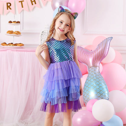 Vestido Infantil Manga Curta Estampado Escama Sereia Azul Índigo Brilhante com Tutu