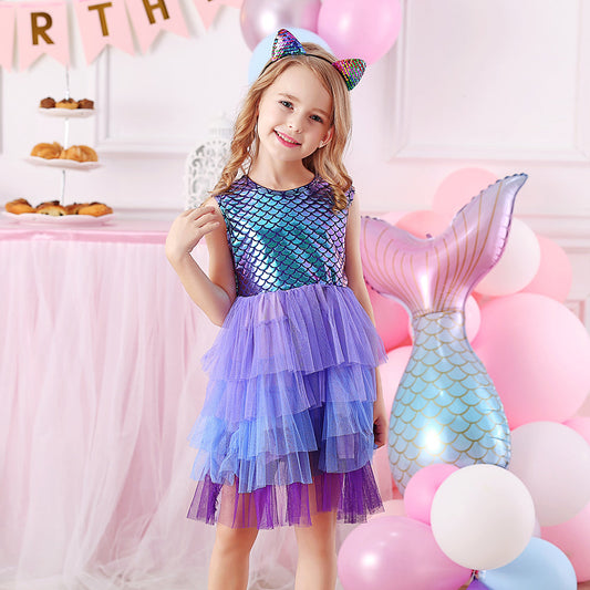 Vestido Infantil Manga Curta Estampado Escama Sereia Azul Índigo Brilhante com Tutu