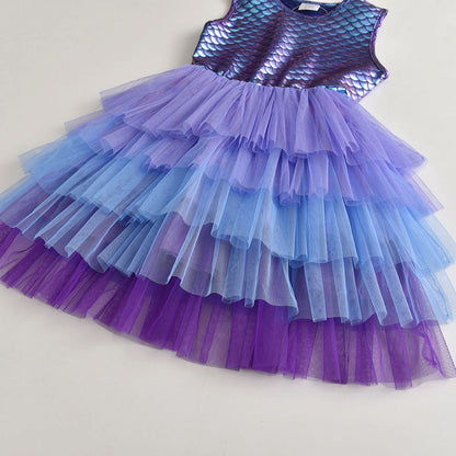 Vestido Infantil Manga Curta Estampado Escama Sereia Azul Índigo Brilhante com Tutu