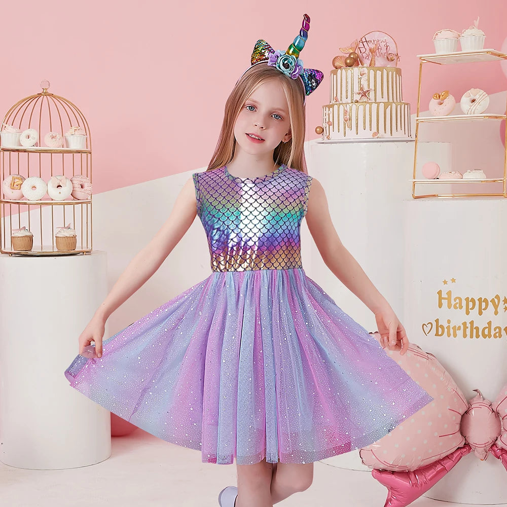 Vestido Infantil Escama de Sereia Brilhante Degradê Roxo com Tutu